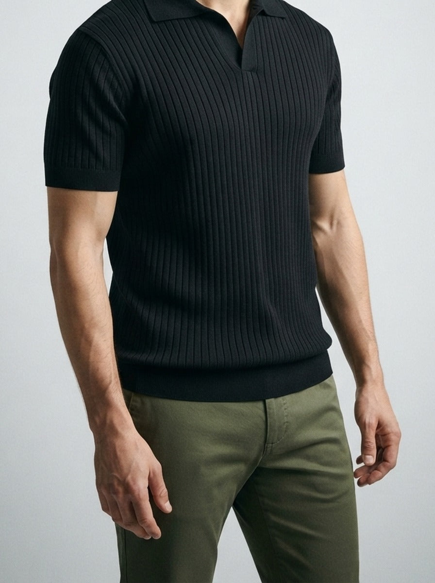 Men's Smart-Casual Ribbed Knit Short Sleeve Polo Shirt with Open Placket