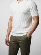 Men's Smart-Casual Ribbed Knit Short Sleeve Polo Shirt with Open Placket