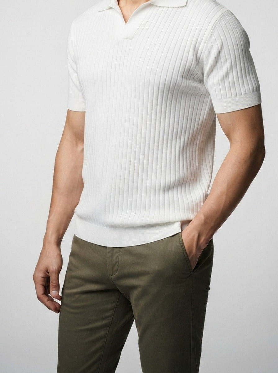 Men's Smart-Casual Ribbed Knit Short Sleeve Polo Shirt with Open Placket