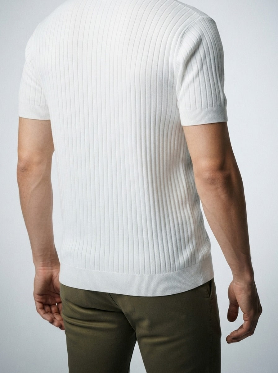 Men's Smart-Casual Ribbed Knit Short Sleeve Polo Shirt with Open Placket