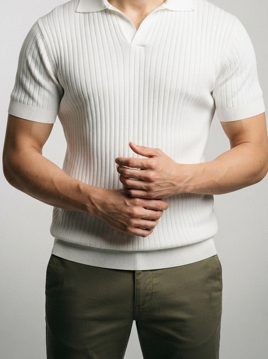 Men's Smart-Casual Ribbed Knit Short Sleeve Polo Shirt with Open Placket