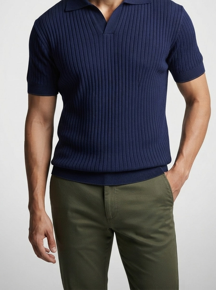 Men's Smart-Casual Ribbed Knit Short Sleeve Polo Shirt with Open Placket