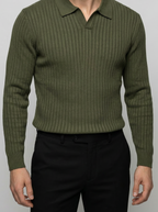 Men's Smart-Casual Ribbed Knit Slim Fit Long Sleeve Polo Shirt