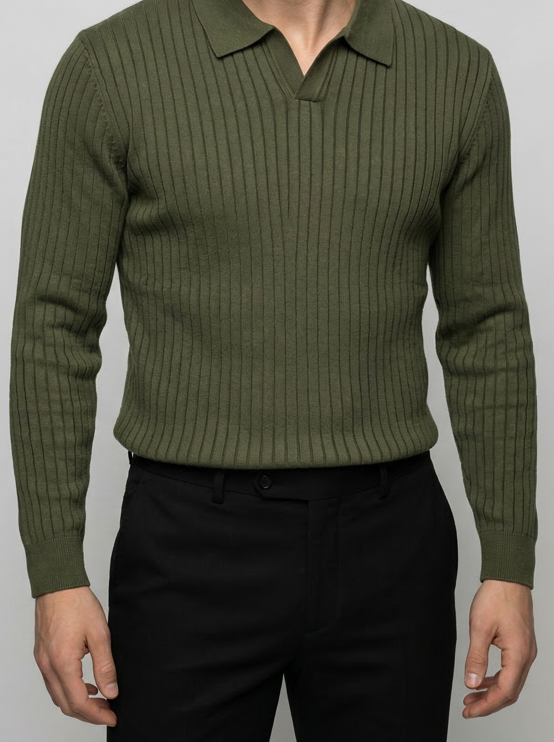 Men's Smart-Casual Ribbed Knit Slim Fit Long Sleeve Polo Shirt