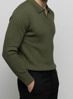 Men's Smart-Casual Ribbed Knit Slim Fit Long Sleeve Polo Shirt