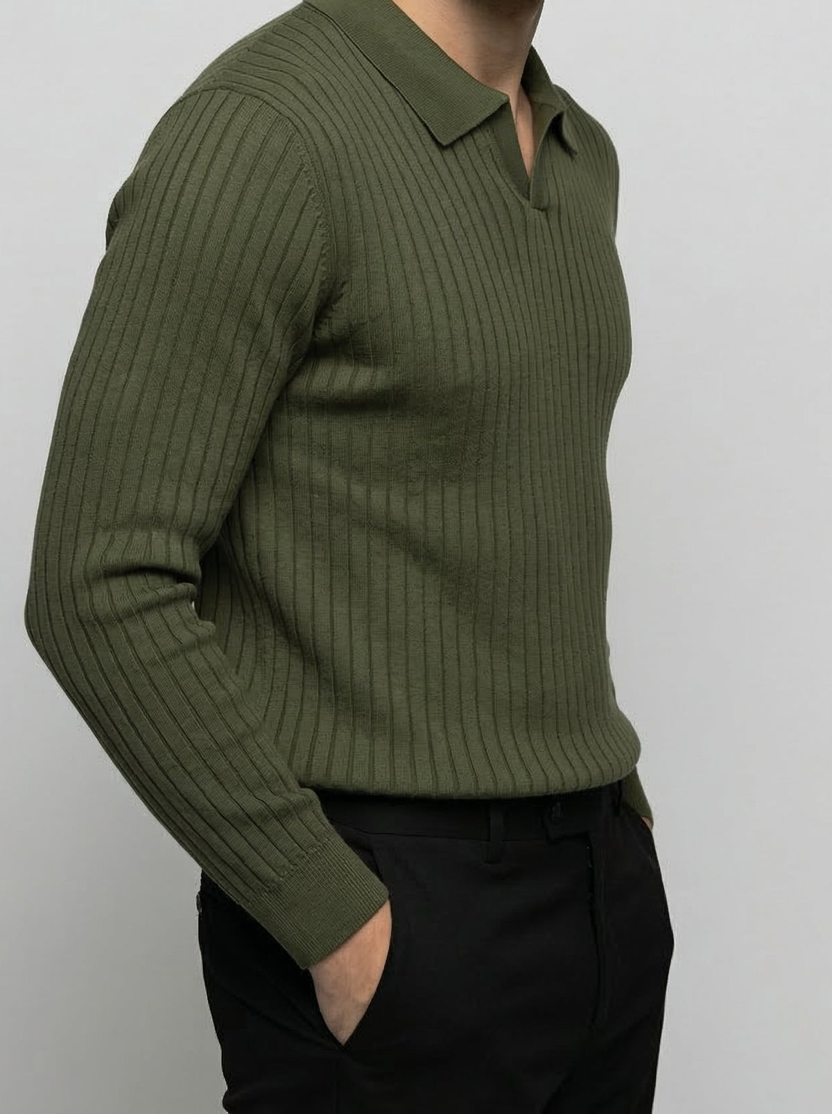 Men's Smart-Casual Ribbed Knit Slim Fit Long Sleeve Polo Shirt