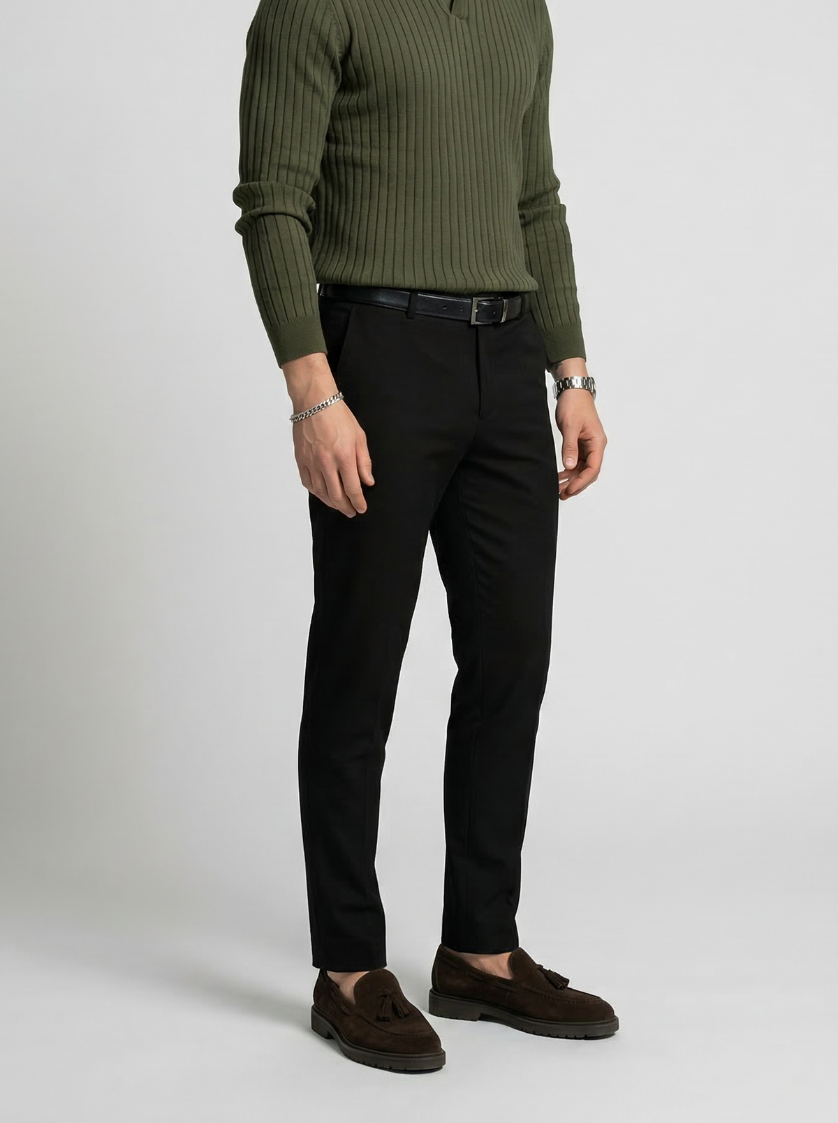 Men's Smart-Casual Ribbed Knit Slim Fit Long Sleeve Polo Shirt