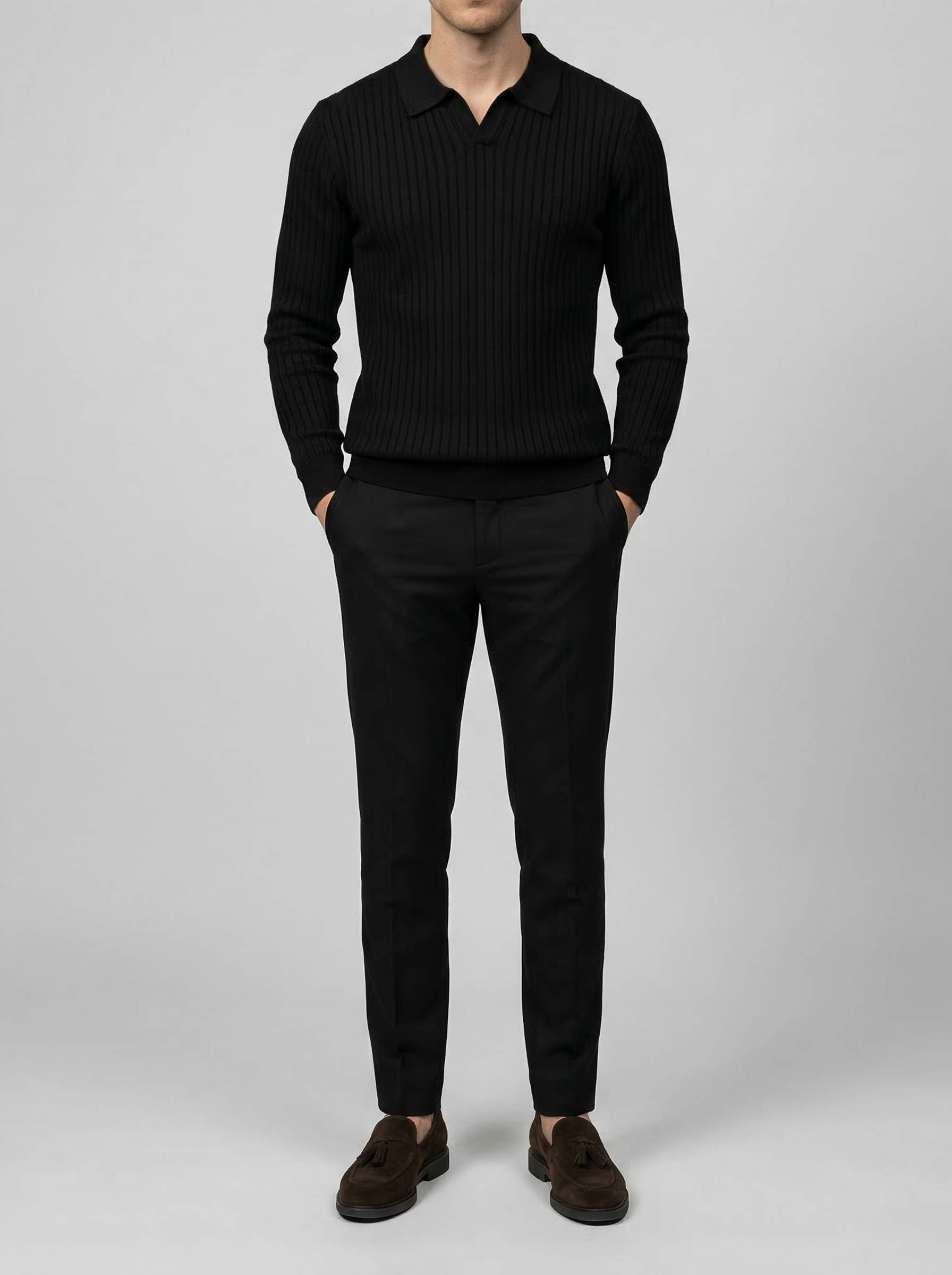 Men's Smart-Casual Ribbed Knit Slim Fit Long Sleeve Polo Shirt