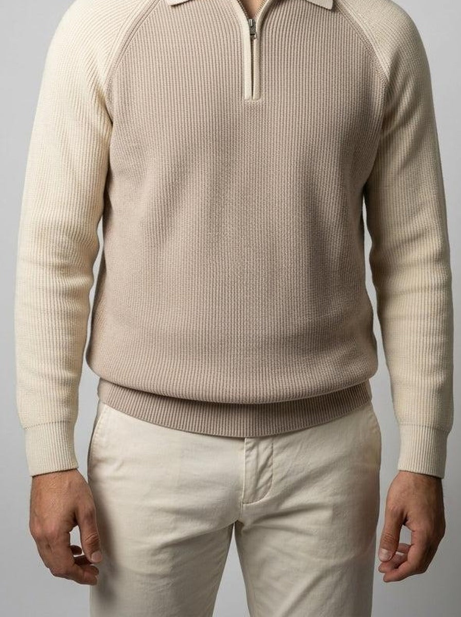 Men's Smart-Casual Ribbed Sleeve Knit Quarter Zip Polo Shirt