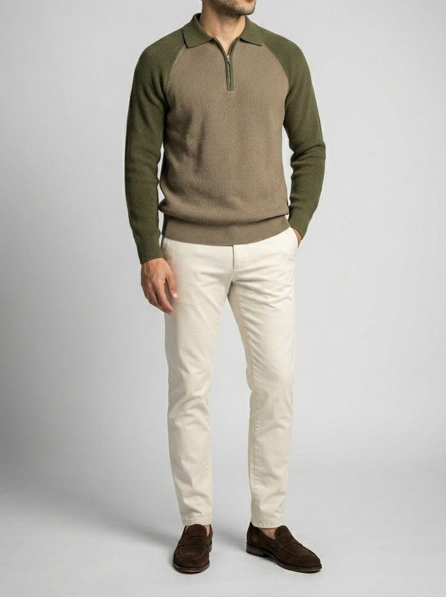 Men's Smart-Casual Ribbed Sleeve Knit Quarter Zip Polo Shirt