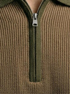 Men's Smart-Casual Ribbed Sleeve Knit Quarter Zip Polo Shirt