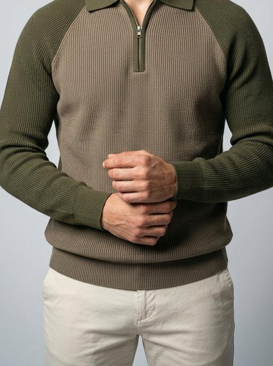 Men's Smart-Casual Ribbed Sleeve Knit Quarter Zip Polo Shirt