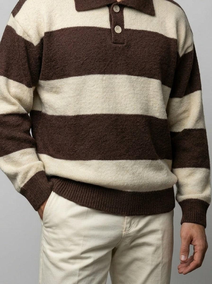 Men's Smart-Casual Striped Knit Long Sleeve Polo Shirt with Collar