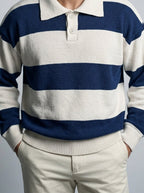 Men's Smart-Casual Striped Knit Long Sleeve Polo Shirt with Collar