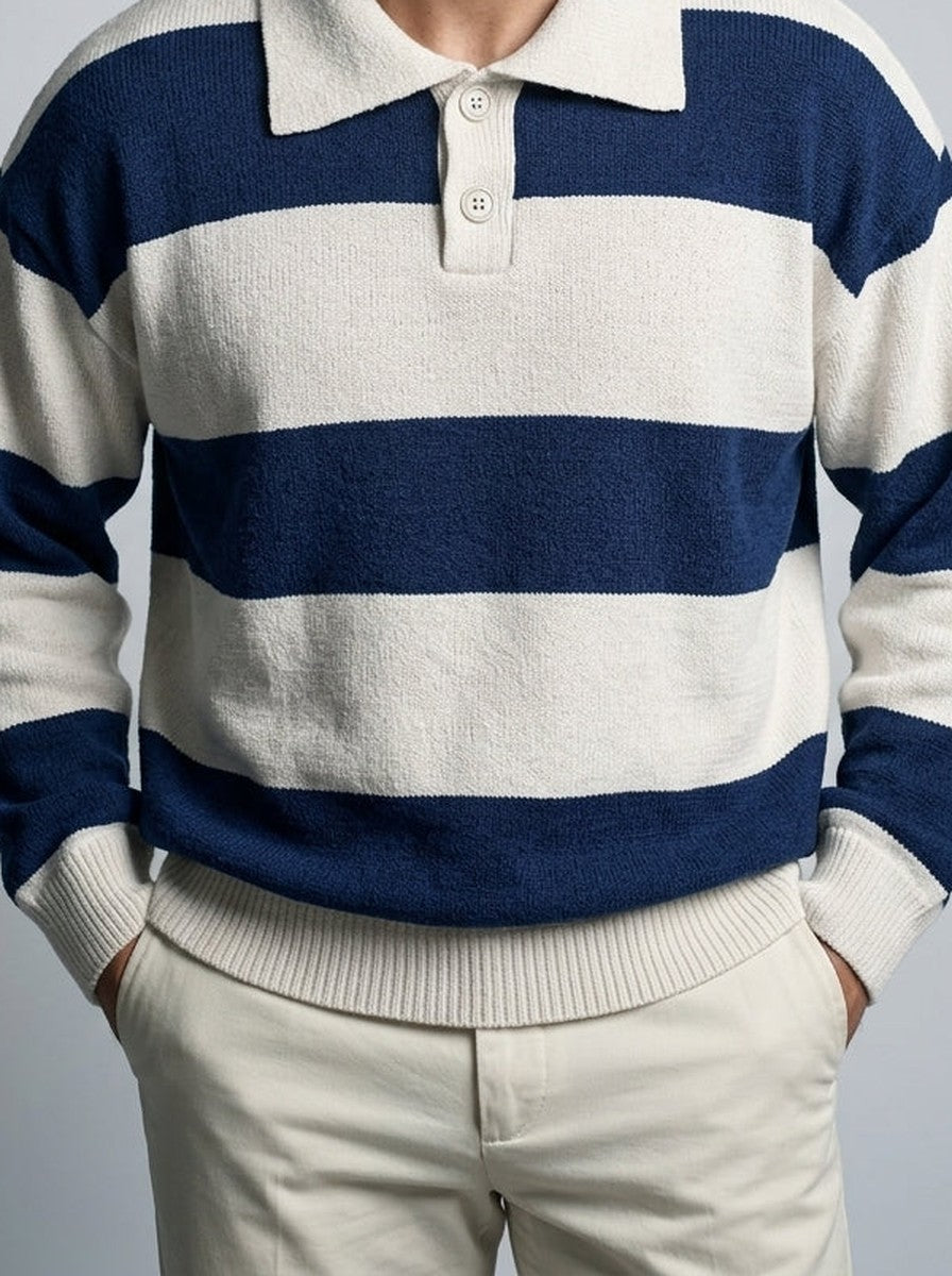 Men's Smart-Casual Striped Knit Long Sleeve Polo Shirt with Collar