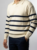 Men's Smart-Casual Striped Knit Long Sleeve Polo Shirt with Open V Placket