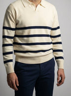 Men's Smart-Casual Striped Knit Long Sleeve Polo Shirt with Open V Placket