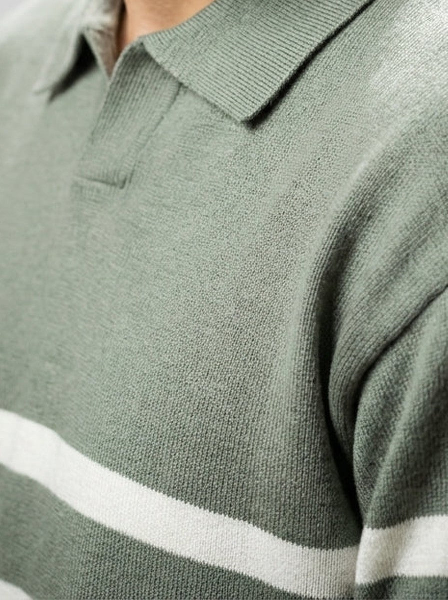 Men's Smart-Casual Striped Knit Long Sleeve Polo Shirt with Open V Placket