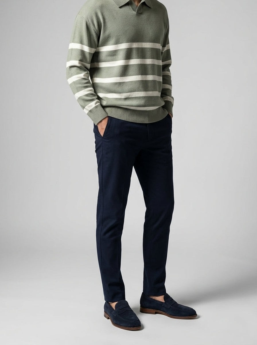 Men's Smart-Casual Striped Knit Long Sleeve Polo Shirt with Open V Placket