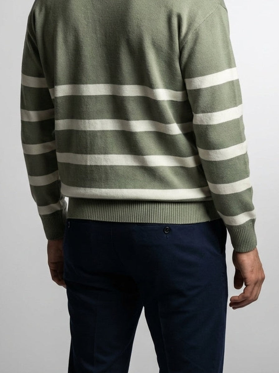Men's Smart-Casual Striped Knit Long Sleeve Polo Shirt with Open V Placket