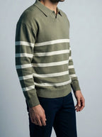Men's Smart-Casual Striped Knit Long Sleeve Polo Shirt with Open V Placket