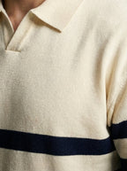 Men's Smart-Casual Striped Knit Long Sleeve Polo Shirt with Open V Placket