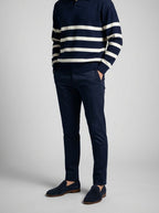 Men's Smart-Casual Striped Knit Long Sleeve Polo Shirt with Open V Placket
