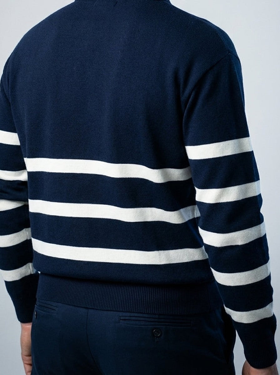Men's Smart-Casual Striped Knit Long Sleeve Polo Shirt with Open V Placket