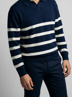Men's Smart-Casual Striped Knit Long Sleeve Polo Shirt with Open V Placket