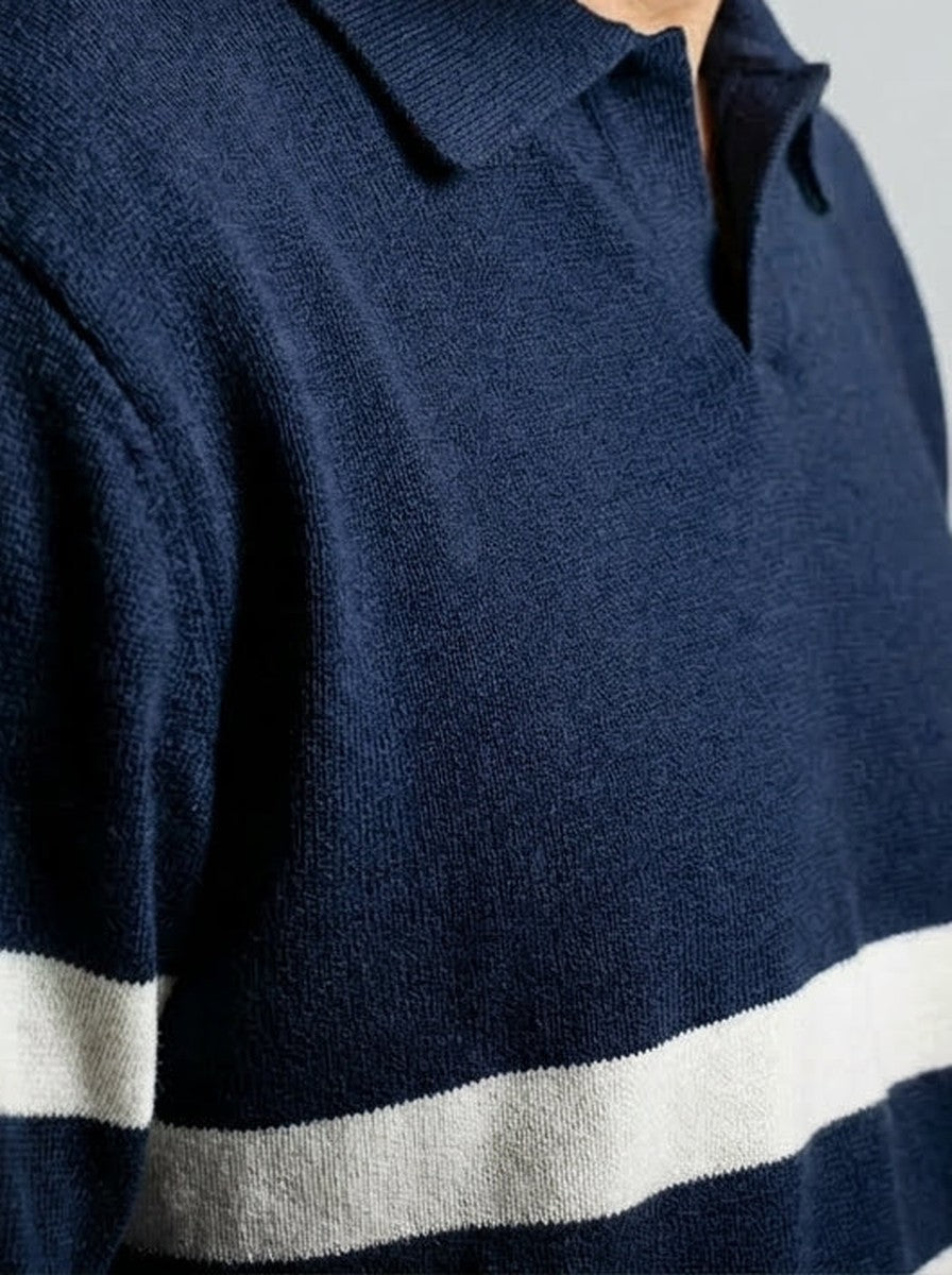 Men's Smart-Casual Striped Knit Long Sleeve Polo Shirt with Open V Placket