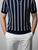 Men's Smart-Casual Striped Knit Polo Shirt with Spread Collar