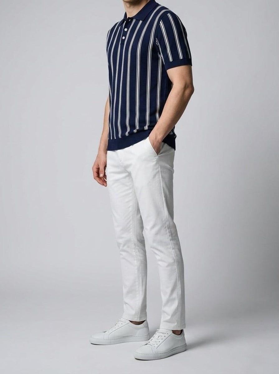Men's Smart-Casual Striped Knit Polo Shirt with Spread Collar