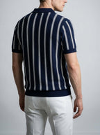 Men's Smart-Casual Striped Knit Polo Shirt with Spread Collar