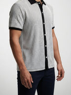 Men's Smart-Casual Textured Stripe Knit Polo Shirt with Contrast Collar
