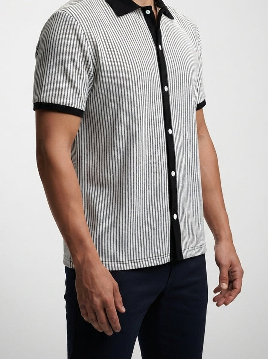 Men's Smart-Casual Textured Stripe Knit Polo Shirt with Contrast Collar