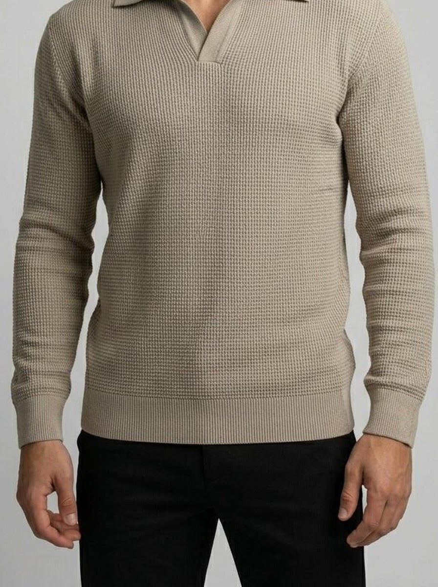 Men's Smart-Casual Waffle Knit Slim Fit Long Sleeve Polo Shirt