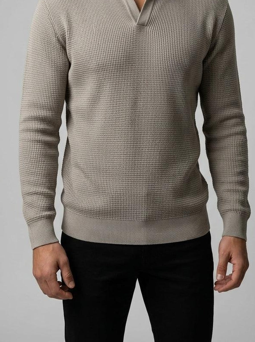 Men's Smart-Casual Waffle Knit Slim Fit Long Sleeve Polo Shirt