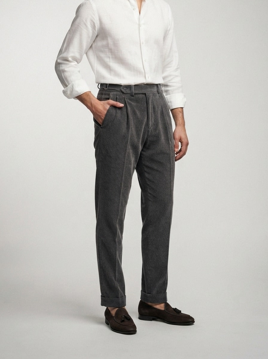 Men's Smart Corduroy Pleated Tapered Trousers