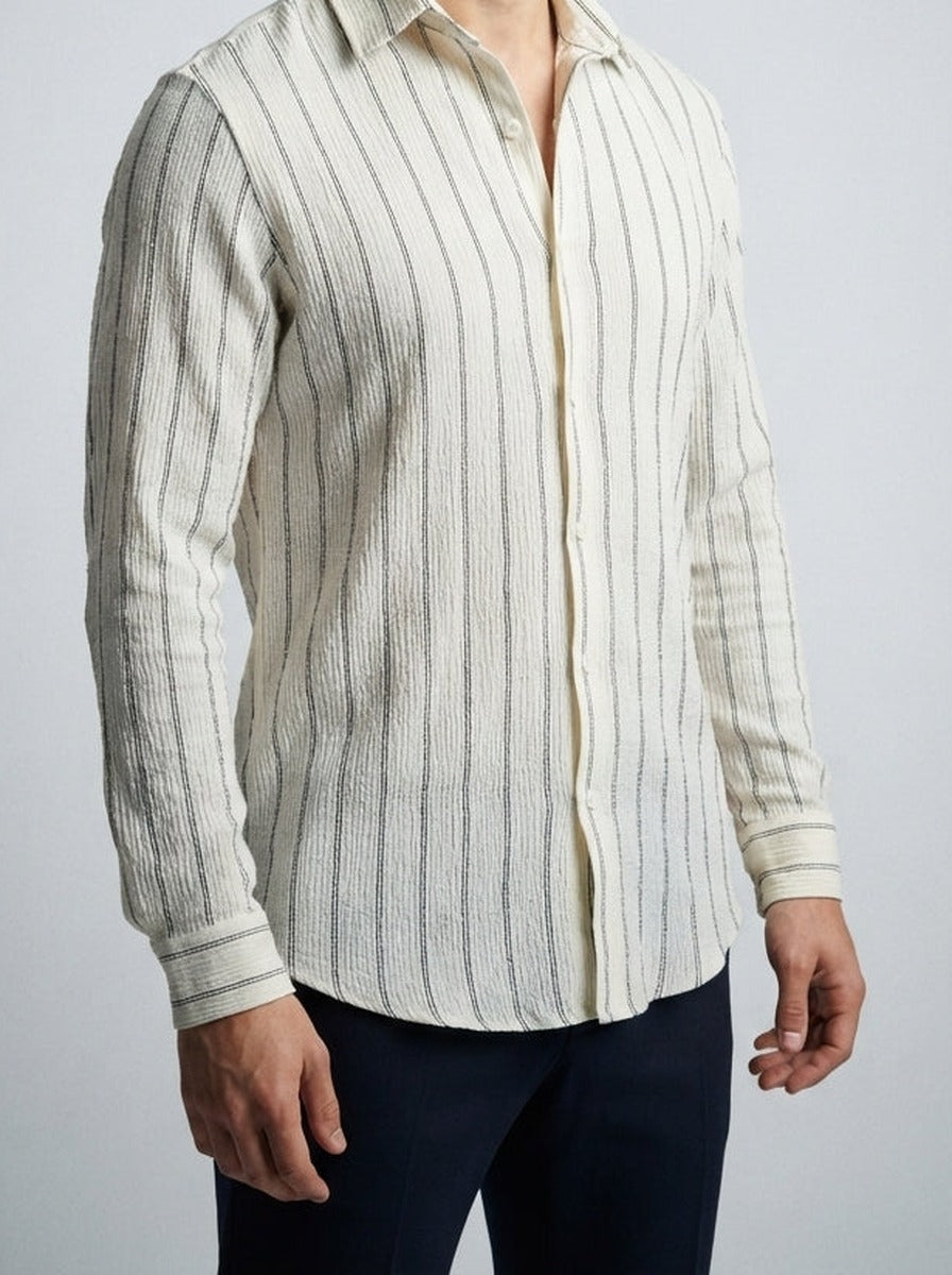 Men's Smart Crinkle Striped Long Sleeve Shirt with Point Collar