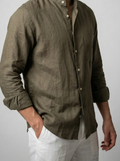 Men's Smart Linen Long Sleeve Band Collar Shirt with Chest Pocket