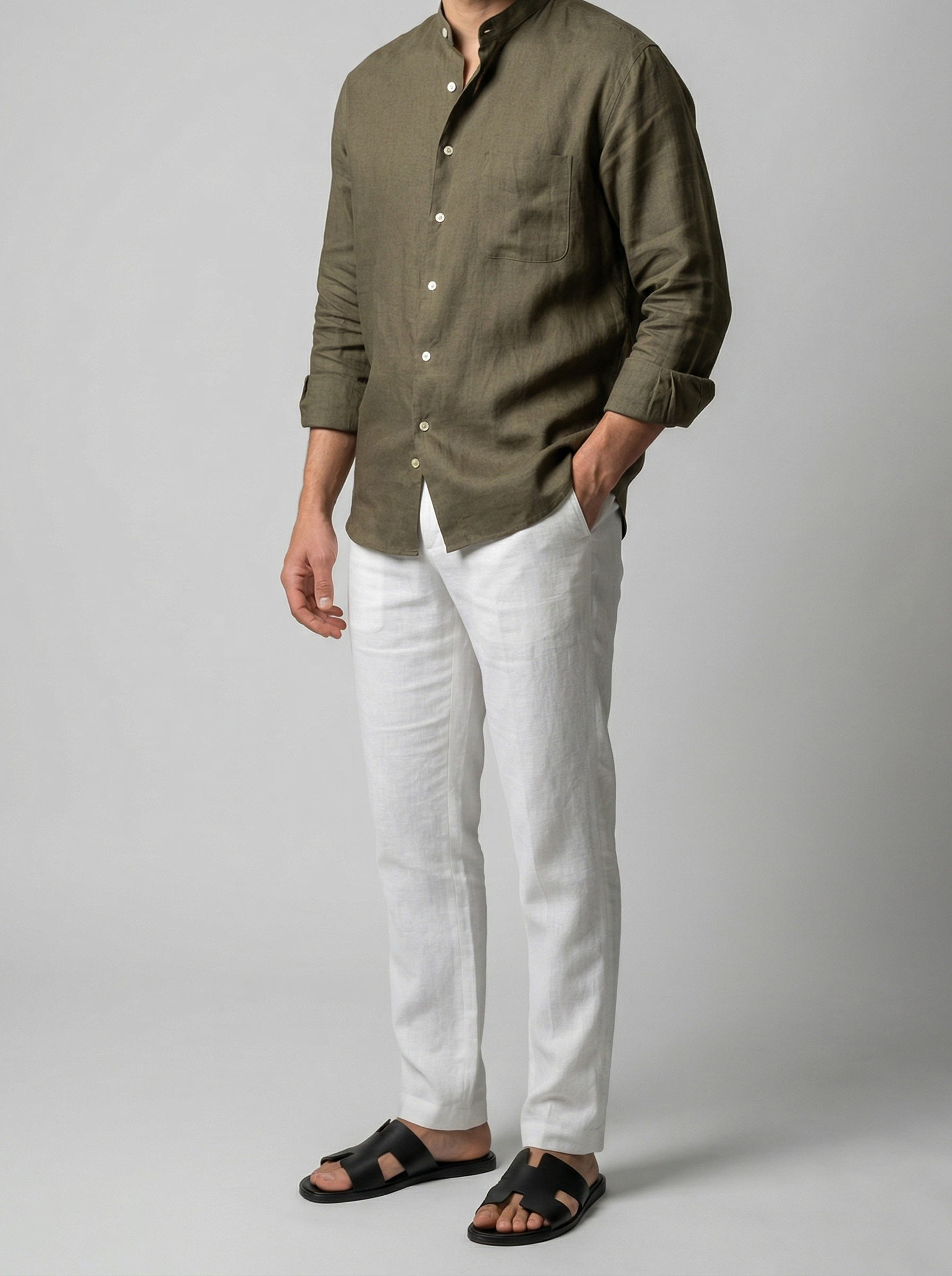 Men's Smart Linen Long Sleeve Band Collar Shirt with Chest Pocket