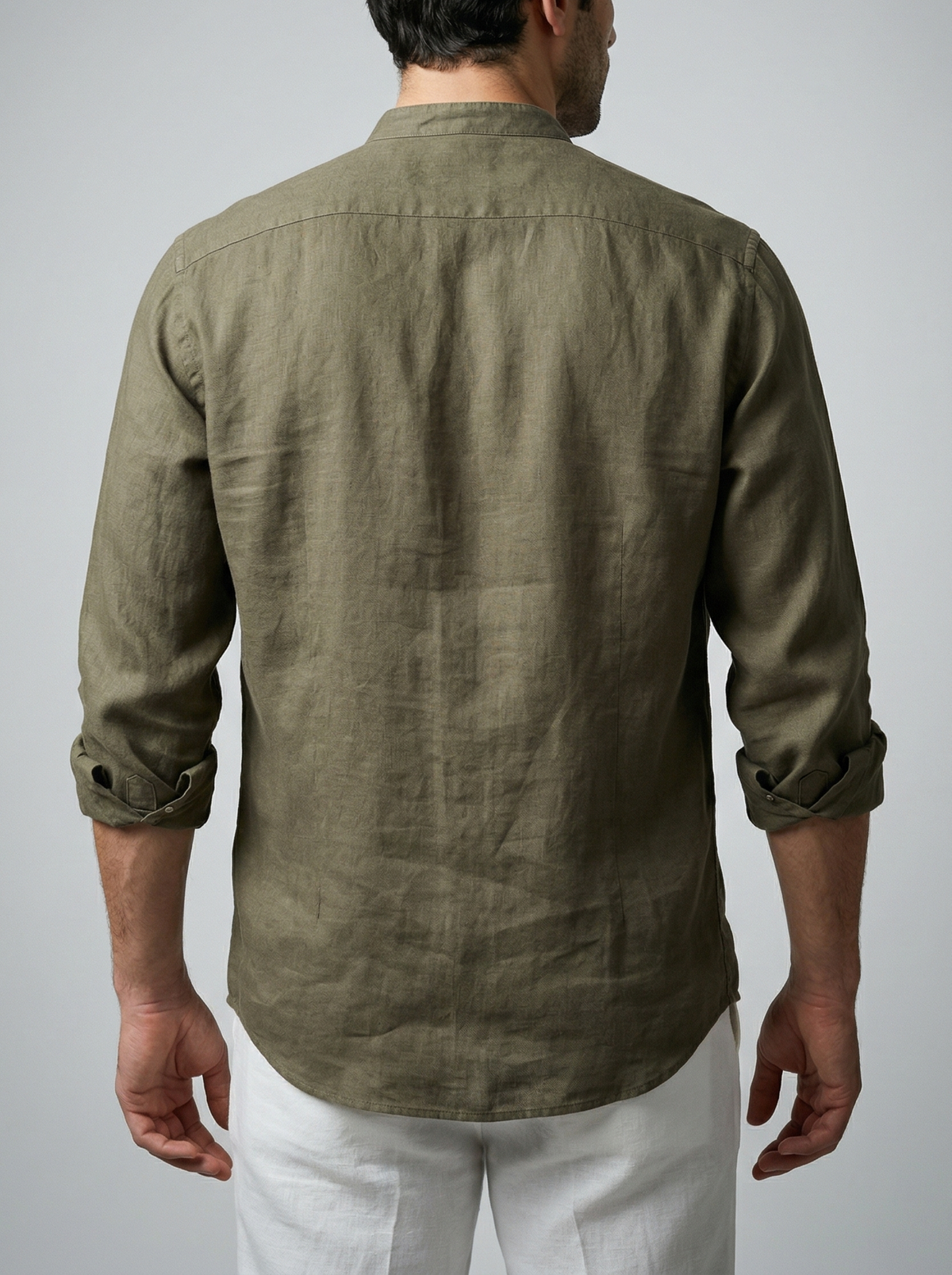 Men's Smart Linen Long Sleeve Band Collar Shirt with Chest Pocket