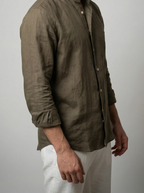 Men's Smart Linen Long Sleeve Band Collar Shirt with Chest Pocket