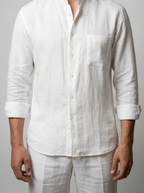 Men's Smart Linen Long Sleeve Band Collar Shirt with Chest Pocket