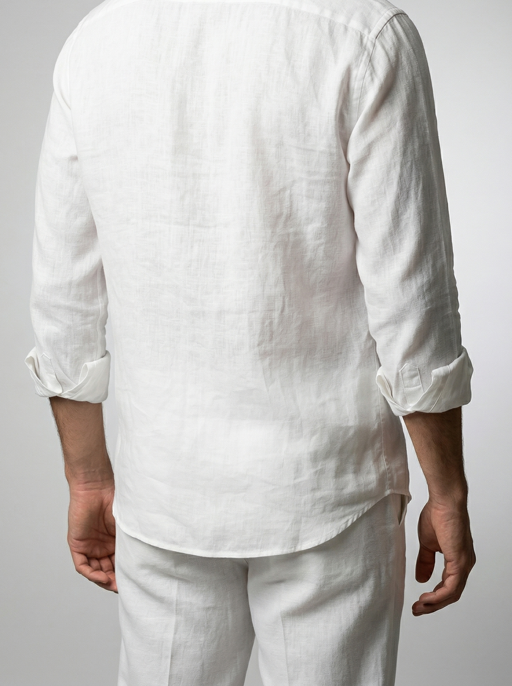 Men's Smart Linen Long Sleeve Band Collar Shirt with Chest Pocket