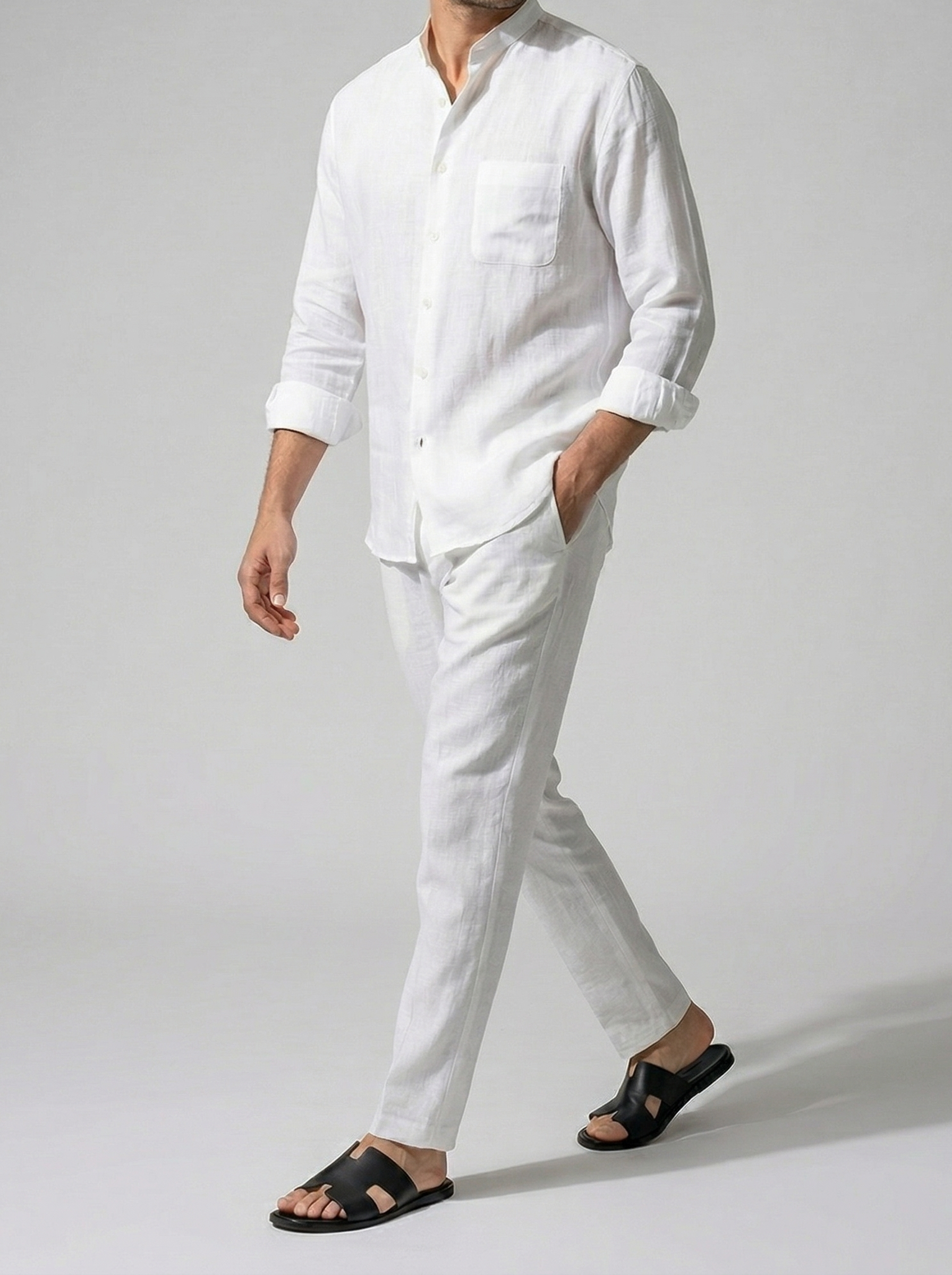 Men's Smart Linen Long Sleeve Band Collar Shirt with Chest Pocket