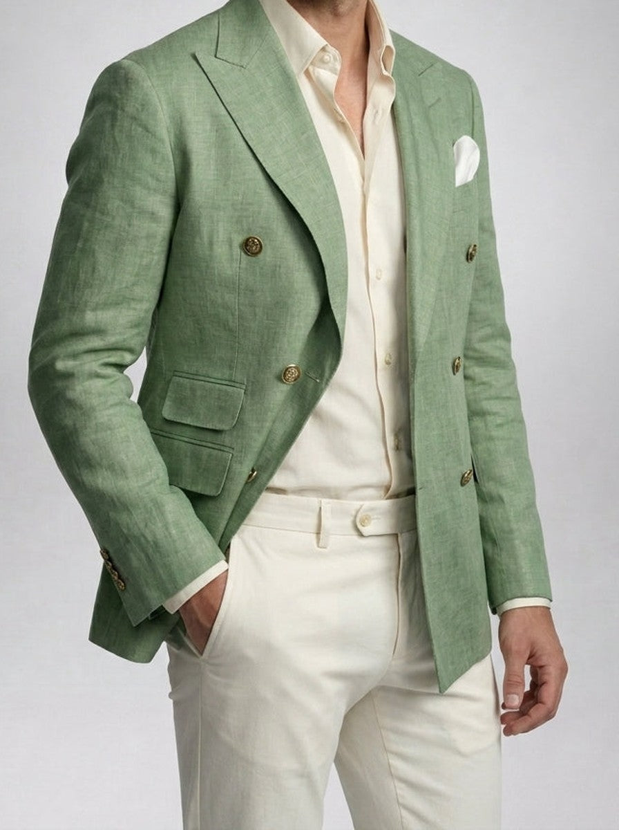 Men's Smart Linen Peak Lapel Double Breasted Blazer
