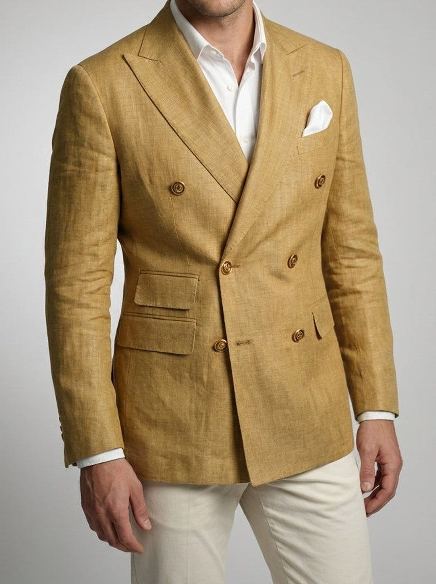Men's Smart Linen Peak Lapel Double Breasted Blazer