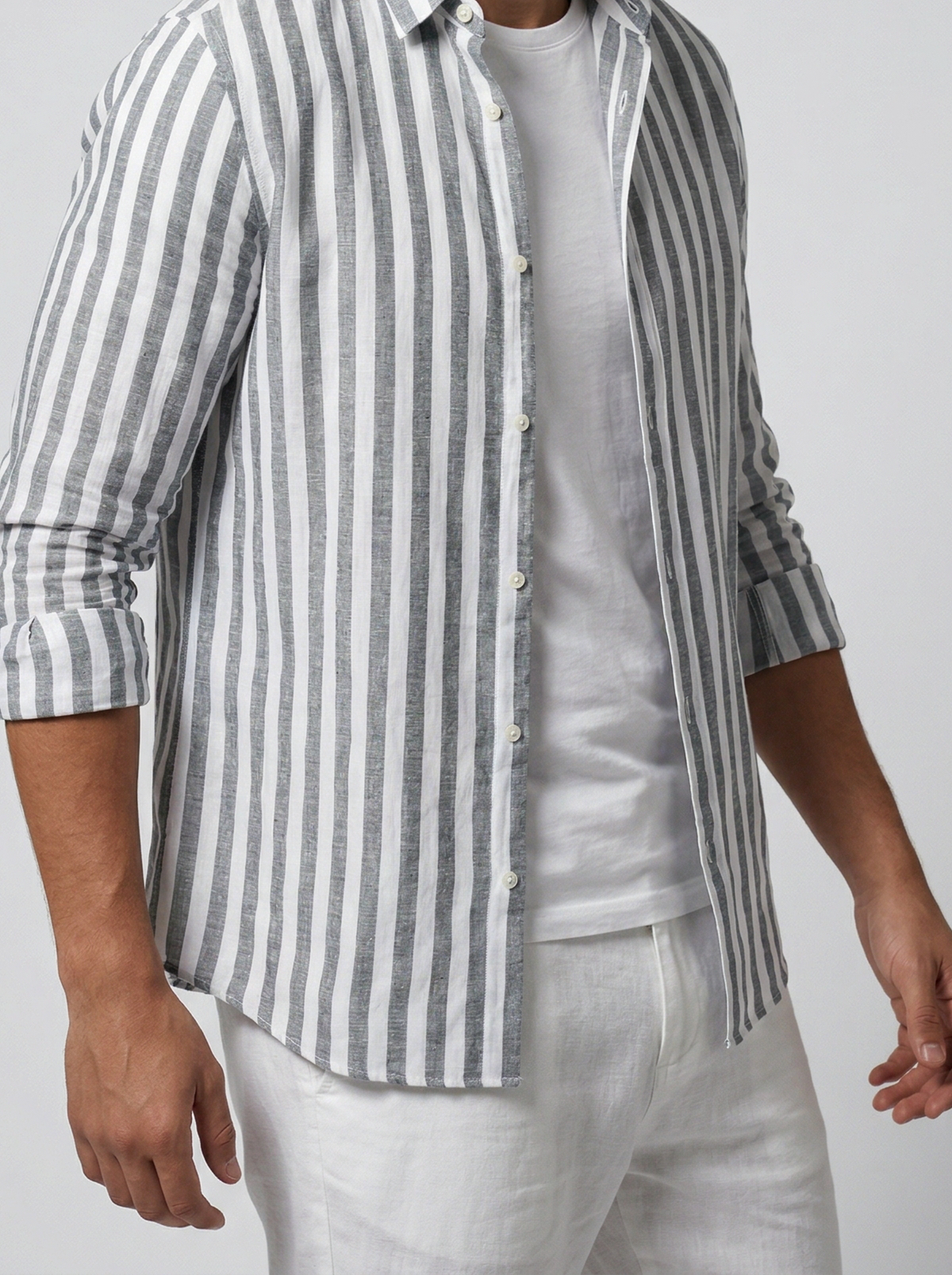 Men's Smart Striped Cotton Long Sleeve Shirt with Spread Collar