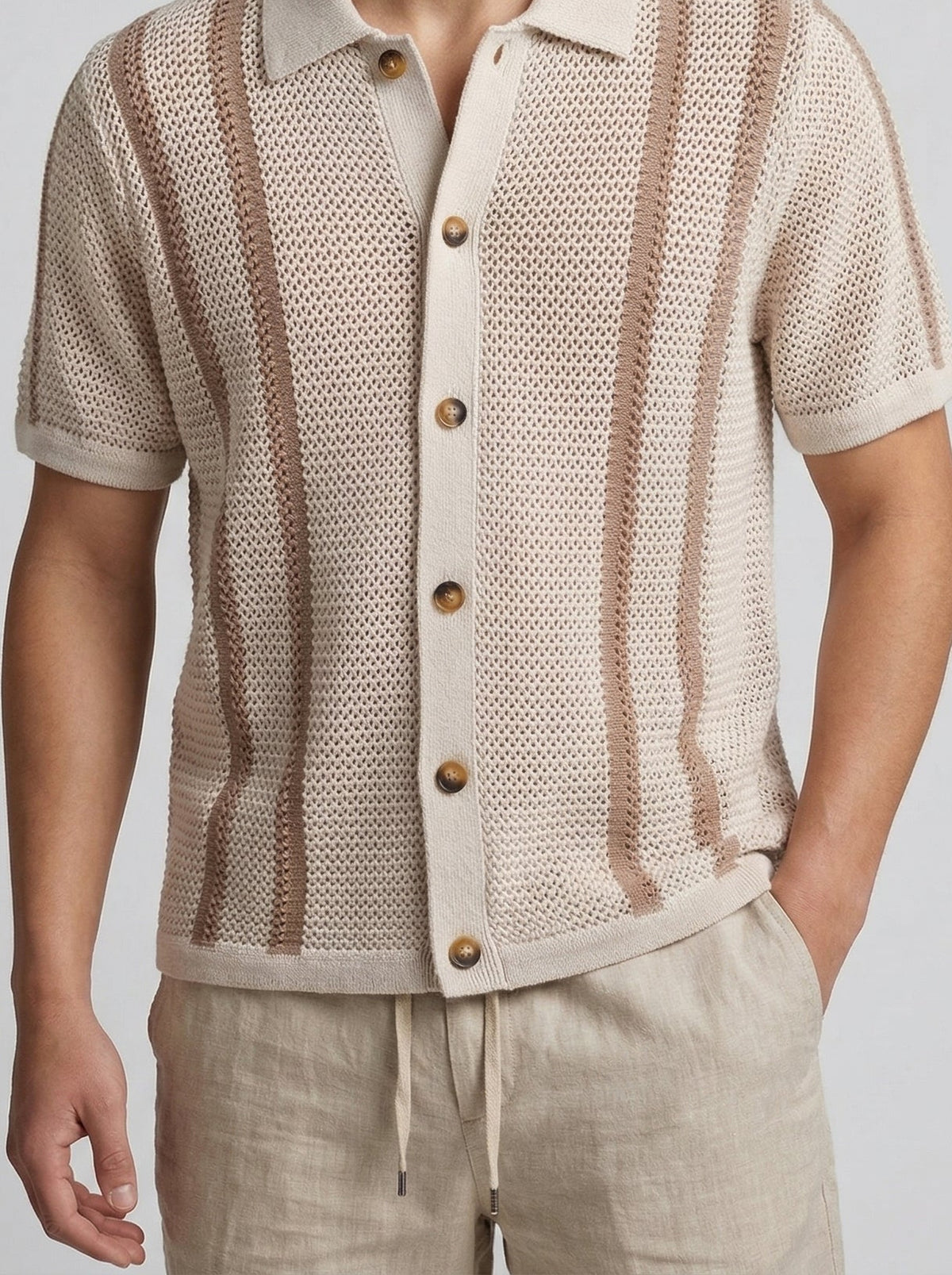 Men's Smart Striped Open Knit Button Down Shirt